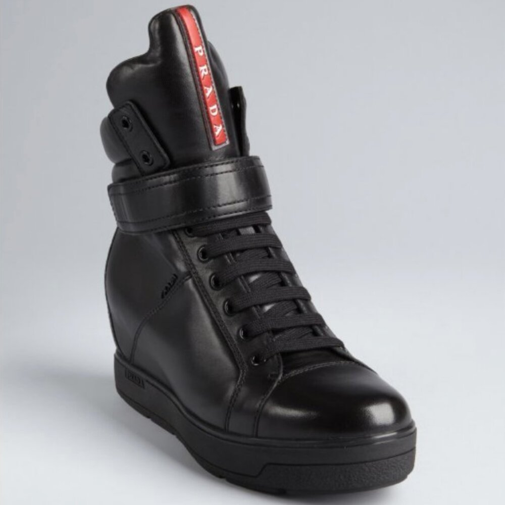 Prada Leather Black and Red High-Top Wedge Sneakers